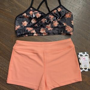 Floral Ruffle Sports Bra & Coral Athletic Shorts Set